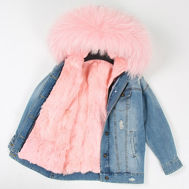 Fur Jean Parka Real collar Rabbit liner striped  Jacket