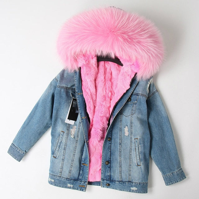Fur Jean Parka Real collar Rabbit liner striped  Jacket