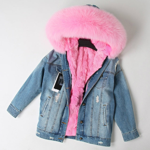 Fur Jean Parka Real collar Rabbit liner striped  Jacket