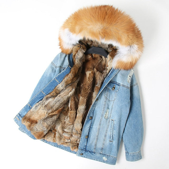 Fur Jean Parka Real collar Rabbit liner striped  Jacket