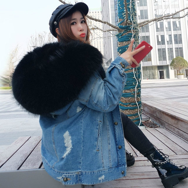 Fur Jean Parka Real collar Rabbit liner striped  Jacket