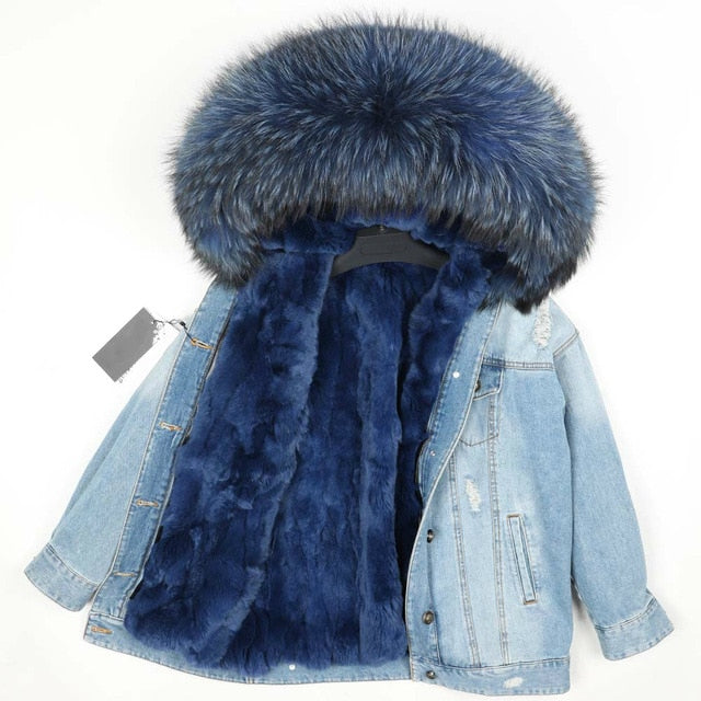 Fur Jean Parka Real collar Rabbit liner striped  Jacket