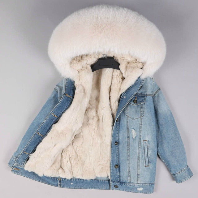 Fur Jean Parka Real collar Rabbit liner striped  Jacket