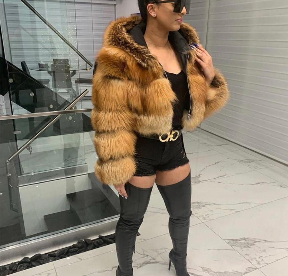 Luxury Real Silver Gold Fox Fur Coats With Fur Hood Genuine Fur Coat