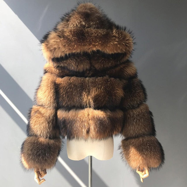 Luxury Real Silver Gold Fox Fur Coats With Fur Hood Genuine Fur Coat