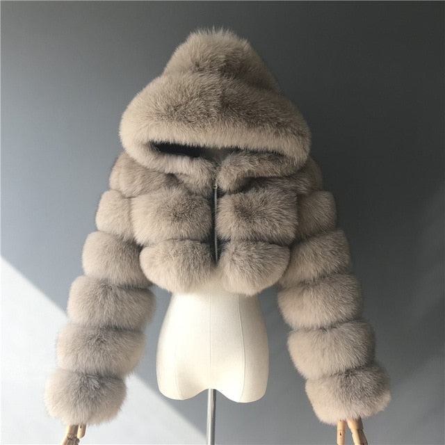 Luxury Real Silver Gold Fox Fur Coats With Fur Hood Genuine Fur Coat