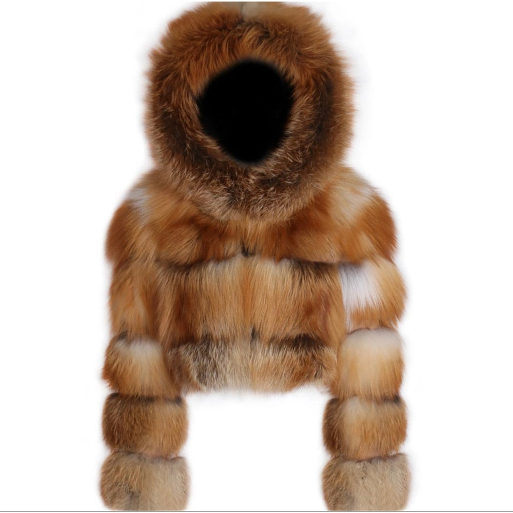 Luxury Real Silver Gold Fox Fur Coats With Fur Hood Genuine Fur Coat