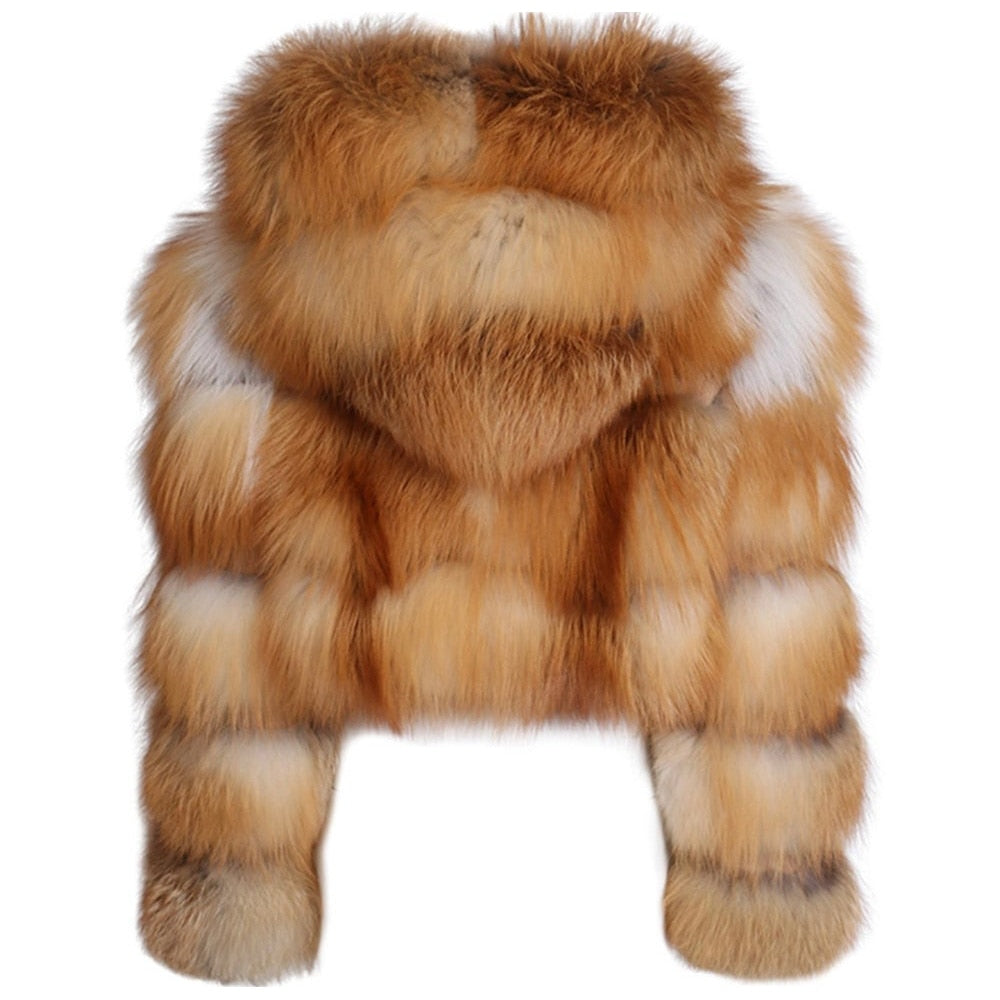 Luxury Real Silver Gold Fox Fur Coats With Fur Hood Genuine Fur Coat